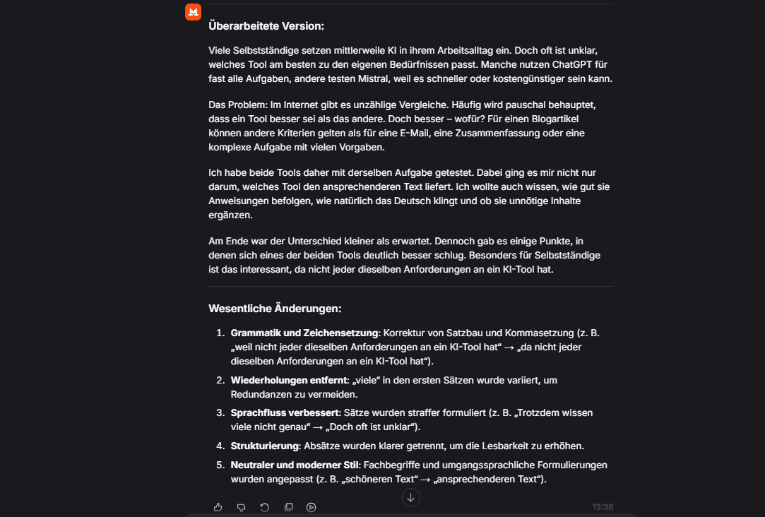 Mistral bei der ersten redaktionellen Überarbeitungsaufgabe