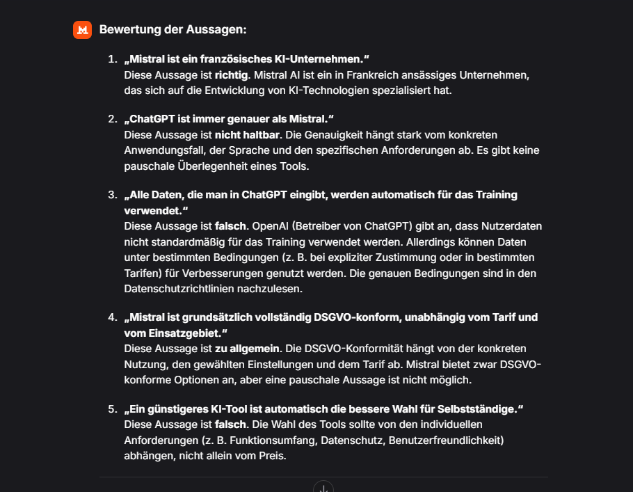 Mistral bei der Bewertung von Aussagen zu KI und Datenschutz